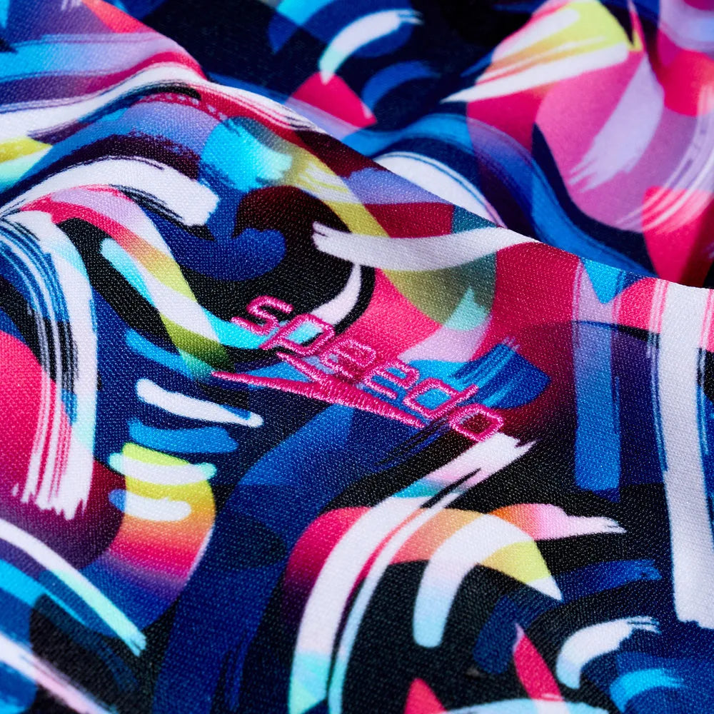 Speedo girls' digital allover leaderback swimsuit with vibrant print, designed for girls aged 15-16, perfect for swimming activities.