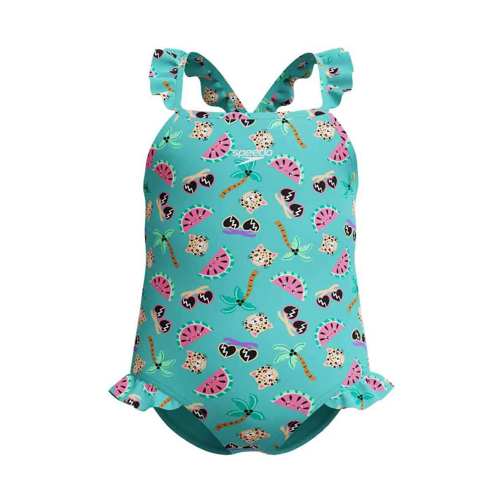 Speedo girls' digital frill thinstrap swimsuit in Arctic Glass with a bright, colorful design and digital pattern for young swimmers.