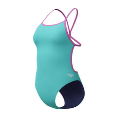 Speedo women's solid V-back swimsuit in Arctic Glass, featuring a sleek design and comfortable fit for swimming.