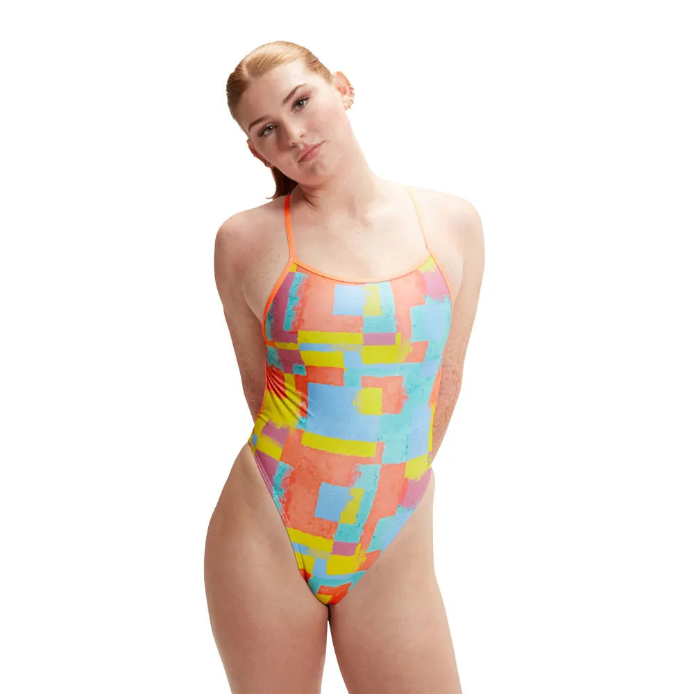 Speedo women's allover digital V-back swimsuit in Disco Peach, Curious Coral, Bitter Lime, Curious Blue, and Arctic Glass colors.