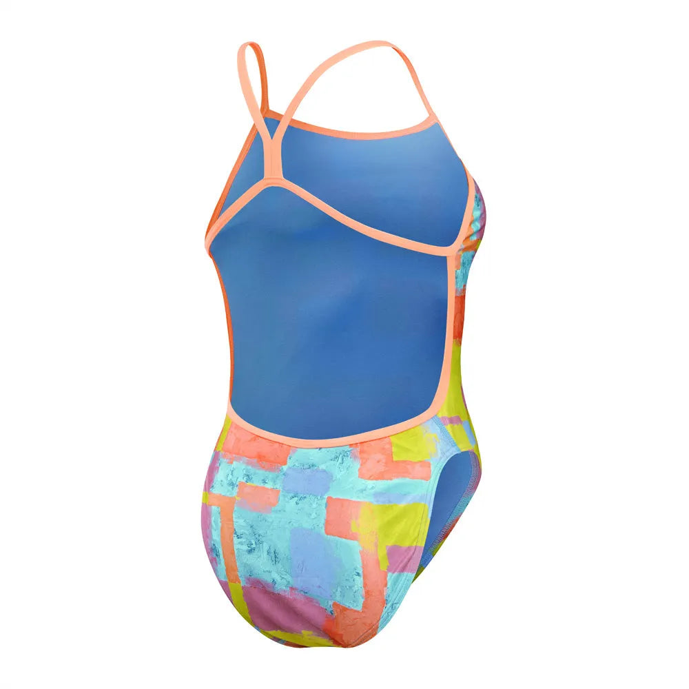 Speedo women's allover digital V-back swimsuit in Disco Peach, Curious Coral, Bitter Lime, Curious Blue, and Arctic Glass.