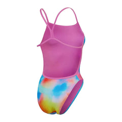 Speedo women's allover digital V-back swimsuit in Kiki Pink, Lemon Drizzle, and Picton Blue, featuring vibrant swimwear design.