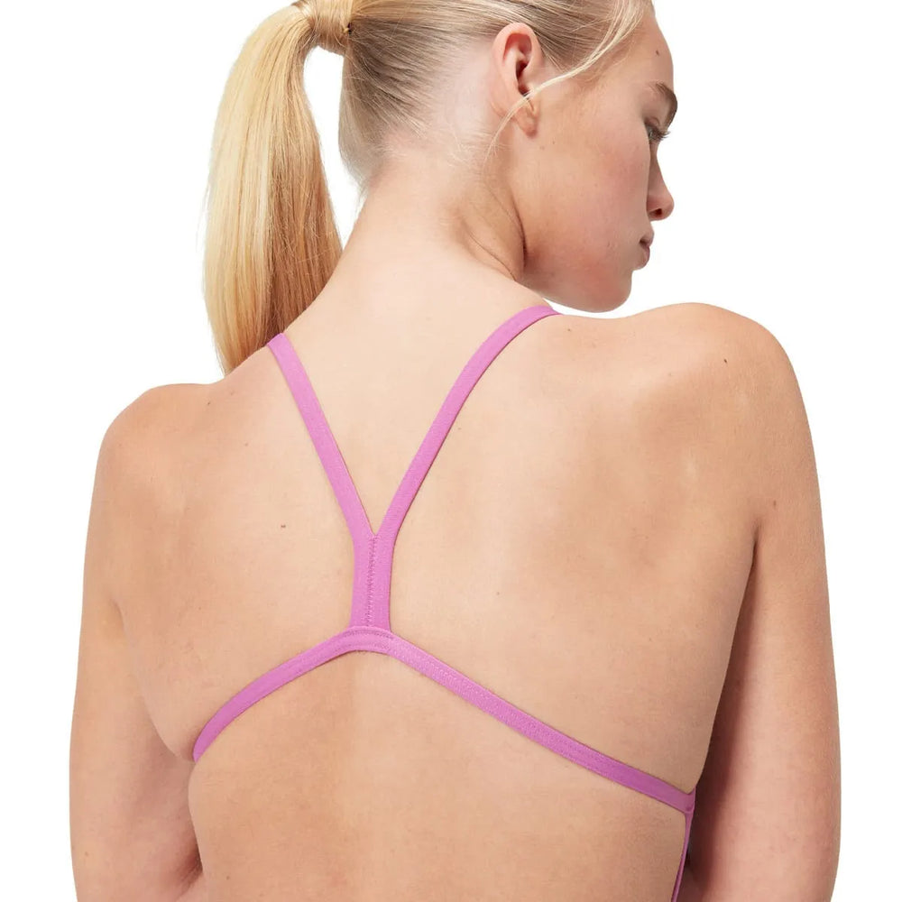 Speedo women's allover digital V-back swimsuit in Kiki Pink, Lemon Drizzle, and Picton Blue, featuring vibrant swimwear design.