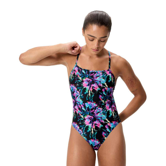 Speedo Womens FL Printed V-Back  2.0 Swimsuit - Glitchy Garden/Black | Allens Of Kingsbury 1200