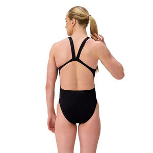 Speedo women's FL Solid Leaderback swimsuit in black, designed for swimming and active water sports.