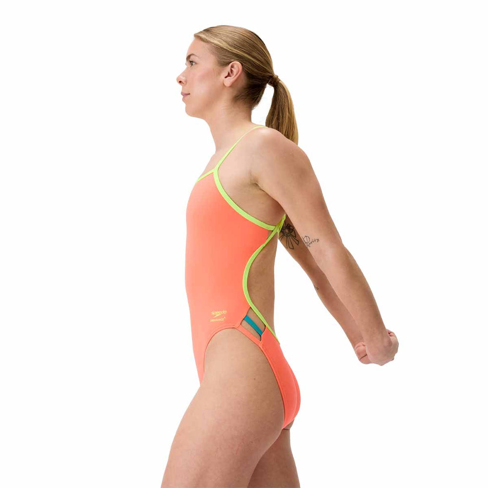 Speedo Womens FL Solid Tri Back Swimsuit - Summer Orange/Hyper Yellow | Allens Of Kingsbury