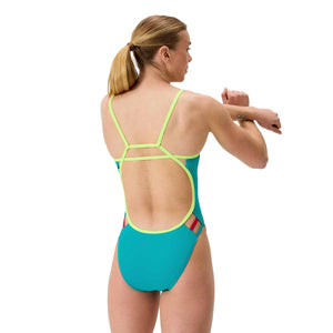 Speedo Womens FL Solid Tri Back Swimsuit - Turquoise Gem/Hyper Yellow | Allens Of Kingsbury