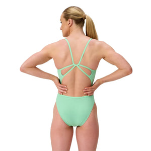 Speedo Women's FL Solid Web Back Swimsuit in Alfalfa Green, featuring a sleek design and supportive web back for comfortable swimming.