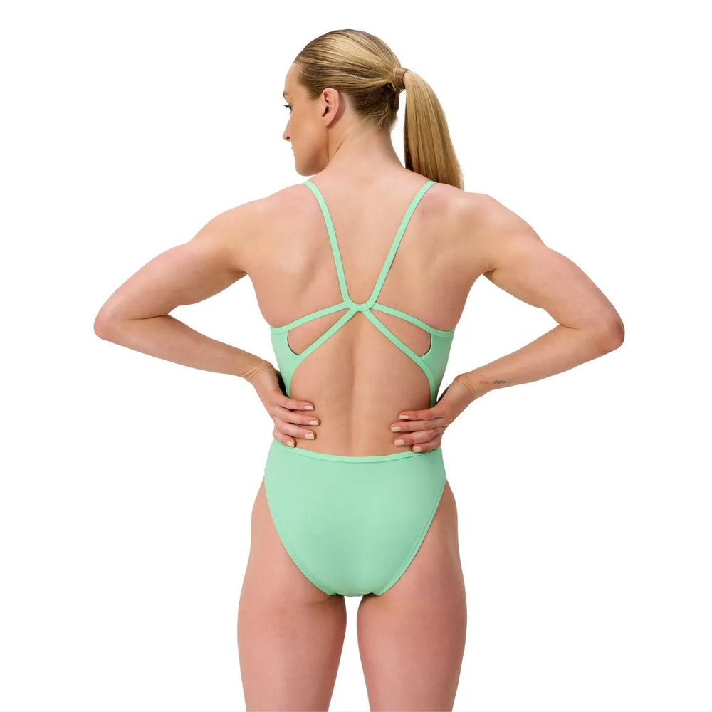 Speedo Women's FL Solid Web Back Swimsuit in Alfalfa Green, featuring a sleek design and supportive web back for comfortable swimming.