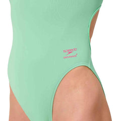 Speedo women's FL Solid Web Back swimsuit in alfalfa green, featuring a sleek design and web back style for swimming comfort.