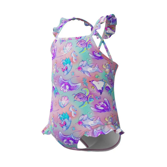 Speedo girls' digital frill thinstrap swimsuit in multi neon violet with a vibrant, colorful design suitable for swimming. 1200