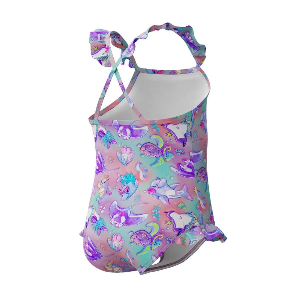 Speedo girls' digital frill thinstrap swimsuit in multi neon violet with colorful pattern and ruffle details, ideal for swimming fun.