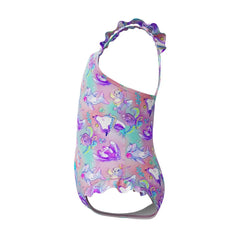 Speedo girls' digital frill thinstrap swimsuit in vibrant neon violet with colorful print, designed for young swimmers.