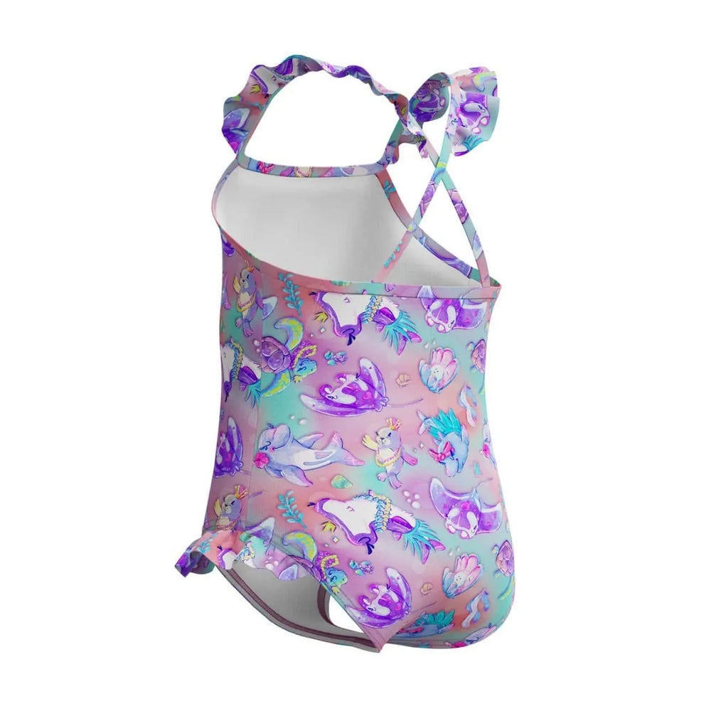 Speedo girls' digital frill thinstrap swimsuit in multi neon violet, featuring vibrant colors and playful design for young swimmers