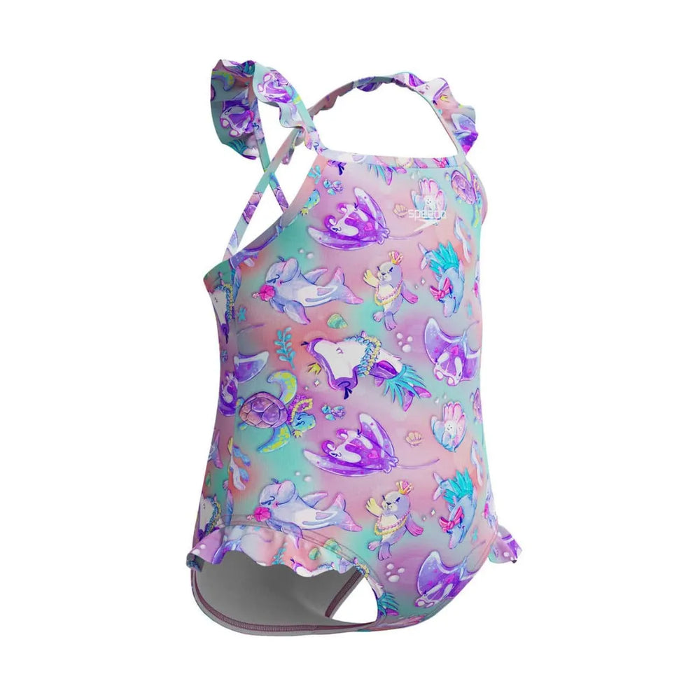 Speedo girls' digital frill thinstrap swimsuit in multi neon violet, featuring bright colors and stylish design for swimming fun.