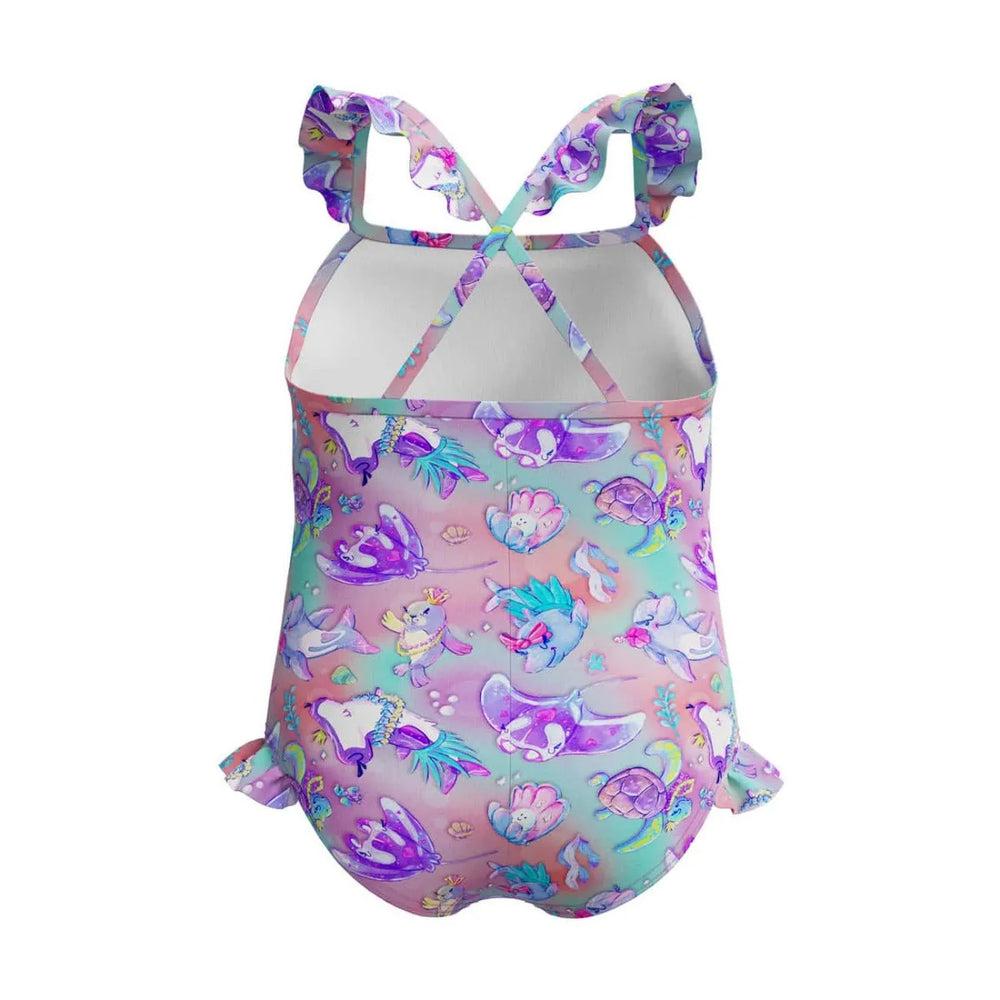 Speedo girls' digital frill thinstrap swimsuit in neon violet with colorful patterns, perfect for young swimmers.