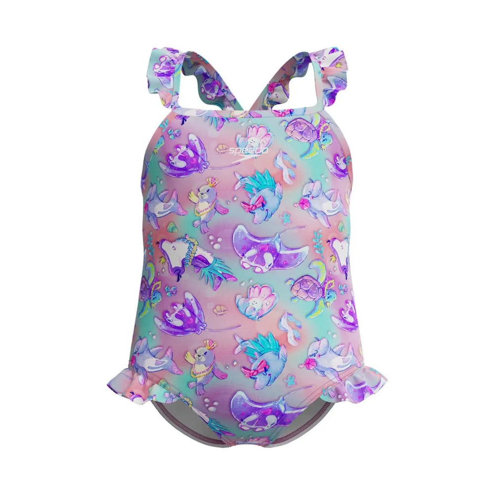 Speedo girls' digital frill thinstrap swimsuit in vibrant multi-neon violet, perfect for swimming and beach fun.