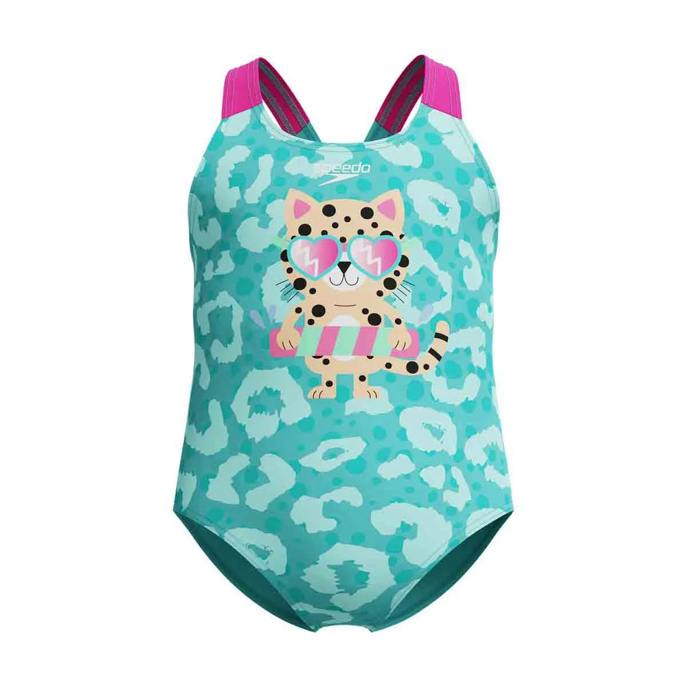 Speedo girls' digital printed swimsuit in Arctic Glass featuring colorful, vibrant patterns, perfect for swimming and water activities.