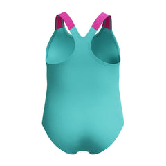 Speedo girls' digital printed swimsuit in Arctic Glass with colorful patterns, designed for young swimmers.