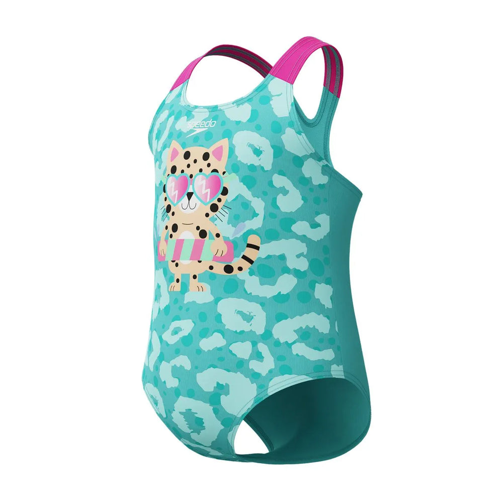 Speedo girls' digital printed swimsuit in Arctic Glass with colorful abstract patterns, designed for young swimmers.