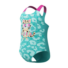 Speedo girls' digital printed swimsuit in Arctic Glass with colorful abstract patterns, designed for young swimmers.