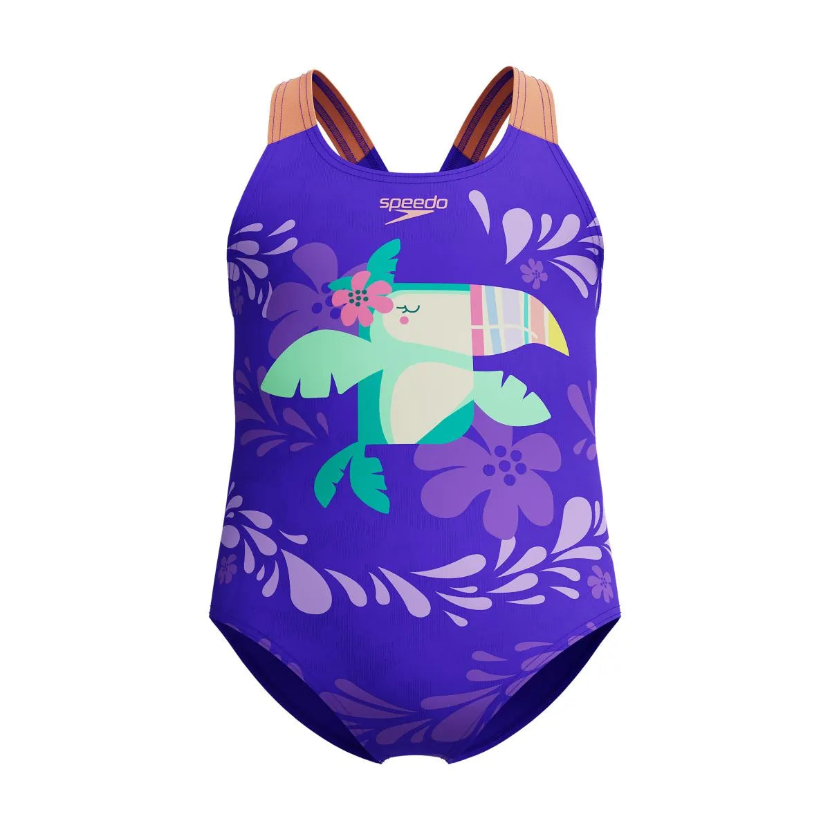 Speedo girls' digital printed swimsuit in Indigo Glow with vibrant pattern, designed for young swimmers.