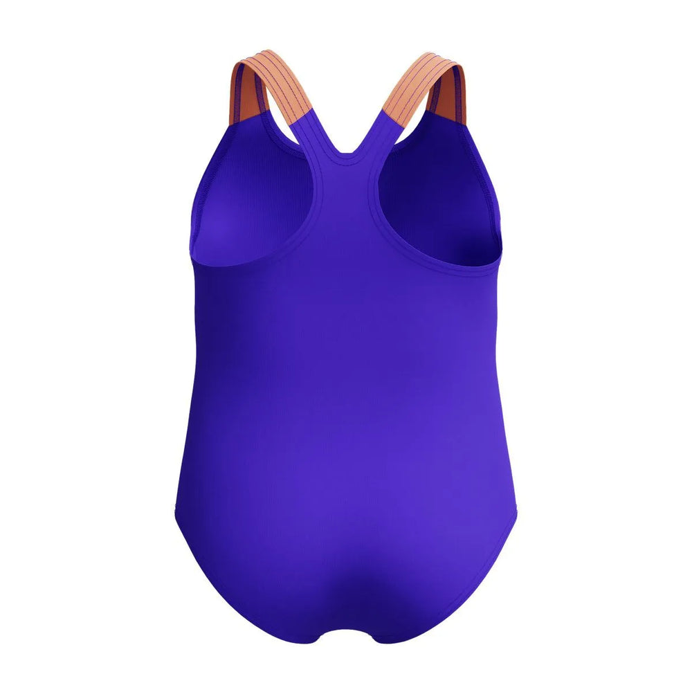 Speedo girls' digital printed swimsuit in Indigo Glow with vibrant patterns, designed for comfortable swimming and active play.