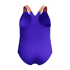 Speedo girls' digital printed swimsuit in Indigo Glow with vibrant patterns, designed for comfortable swimming and active play.