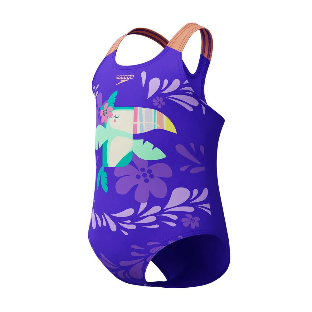 Speedo girls' digital printed swimsuit in Indigo Glow with vibrant pattern, designed for young swimmers.