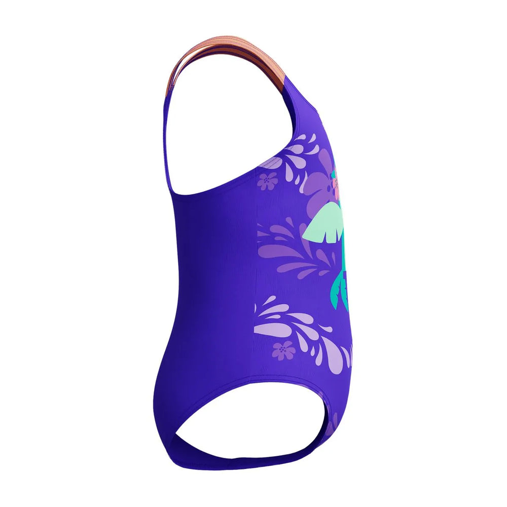 Speedo girls' digital printed swimsuit in Indigo Glow, featuring vibrant patterns and comfortable fit for young swimmers.