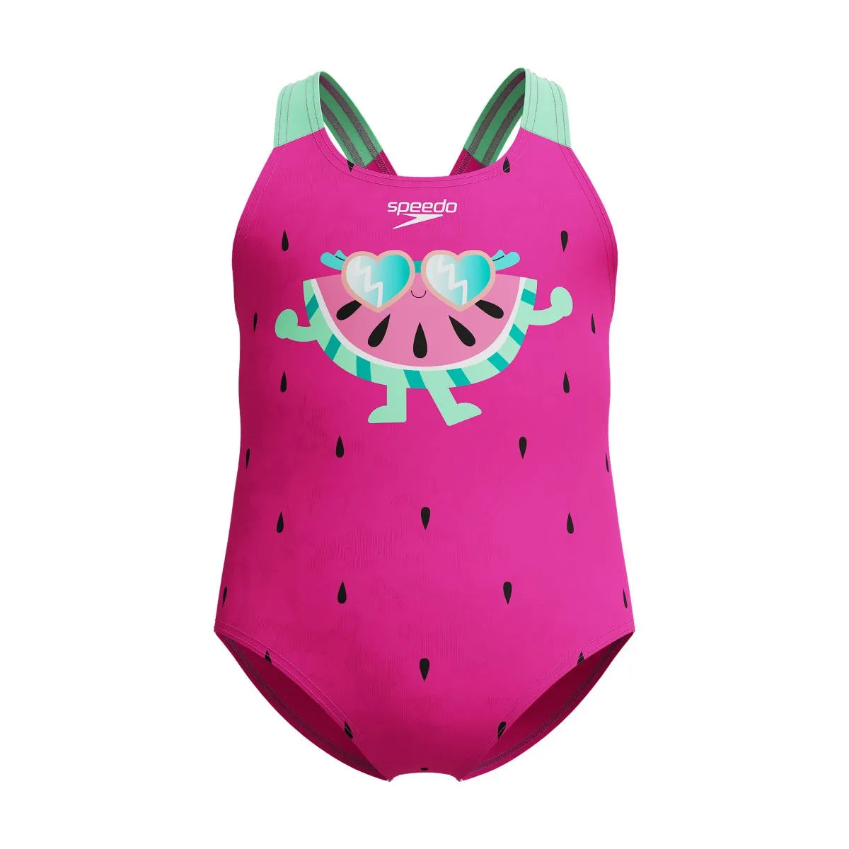 Speedo girls' digital printed neon bubblegum swimsuit with vibrant design, suitable for young children, made for swimming and beach wear.