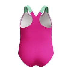 Speedo girls' digital printed swimsuit in neon bubblegum with colorful bubble design, perfect for young swimmers.