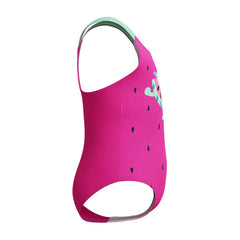 Speedo girls' digital printed swimsuit in neon bubblegum with colorful bubble design, perfect for young swimmers.
