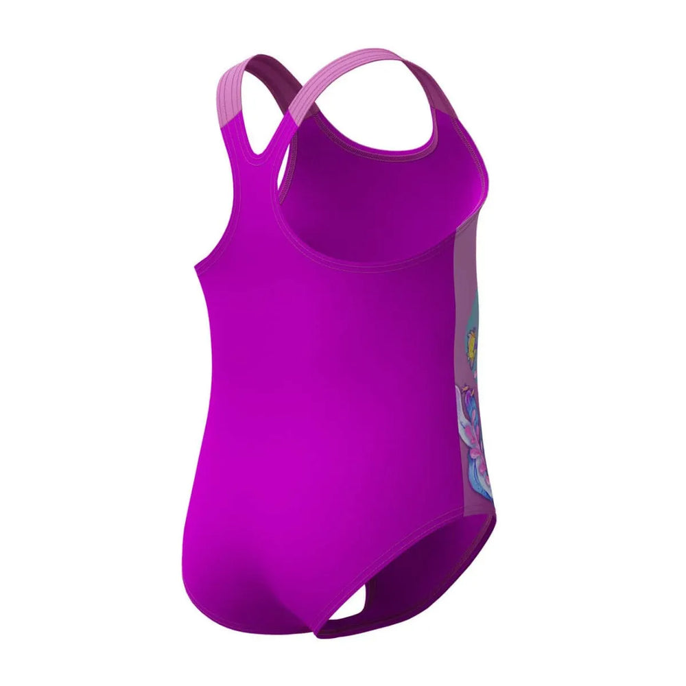 Speedo girls' digital printed swimsuit in neon violet, designed for kids, featuring vibrant colors and comfortable fit.