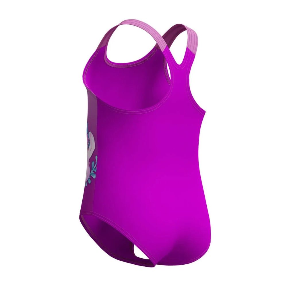 Speedo girls' digital printed swimsuit in neon violet, designed for young swimmers, featuring vibrant colors and comfortable fit.