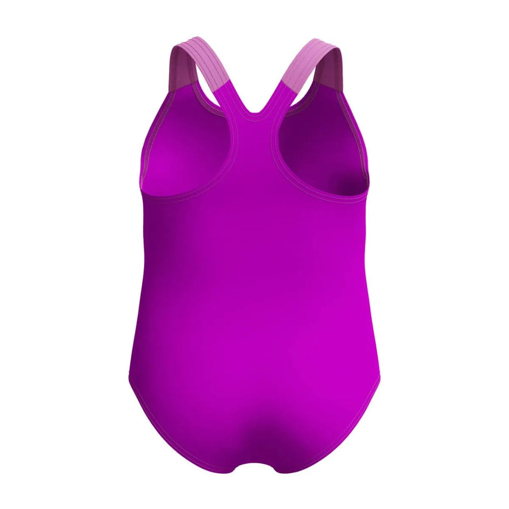 Speedo girls' digital printed swimsuit in neon violet, colorful design, suitable for young children, made for swimming and water activities.