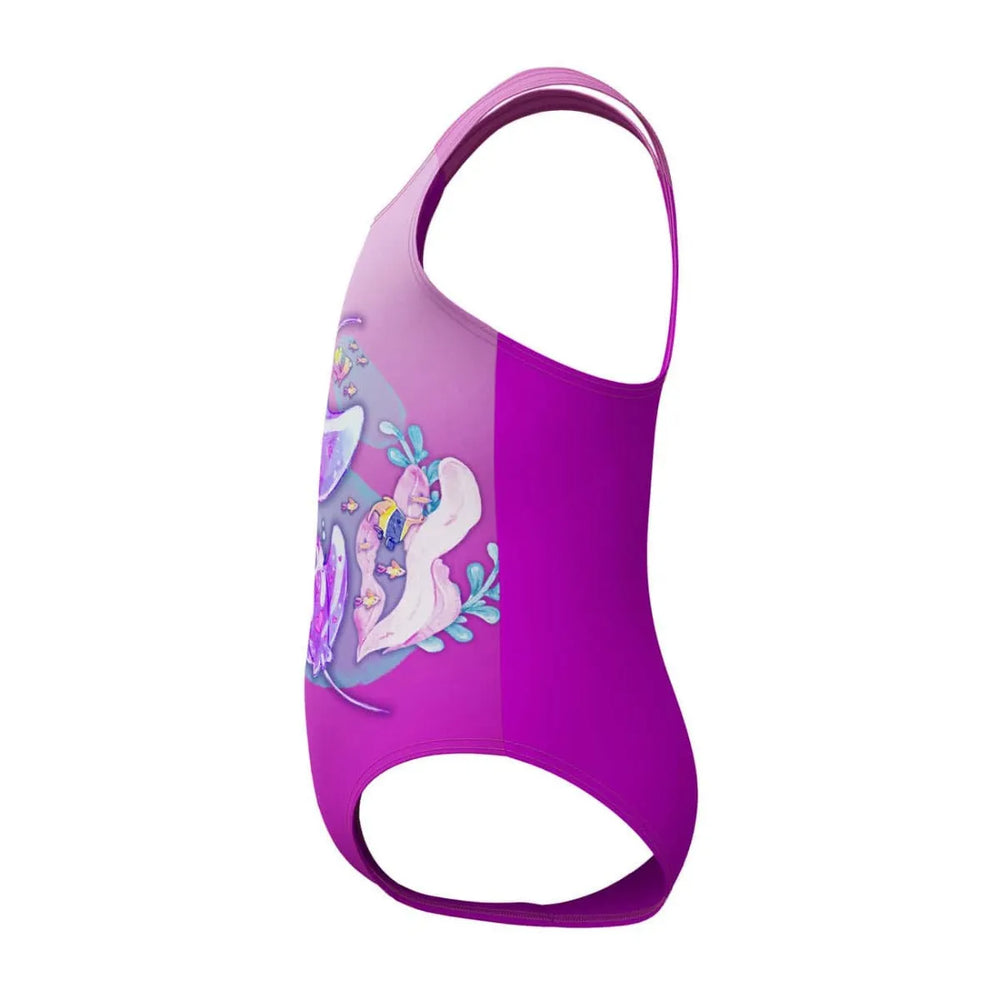 Speedo girls' digital printed swimsuit in neon violet, designed for young swimmers, featuring vibrant, colorful patterns.