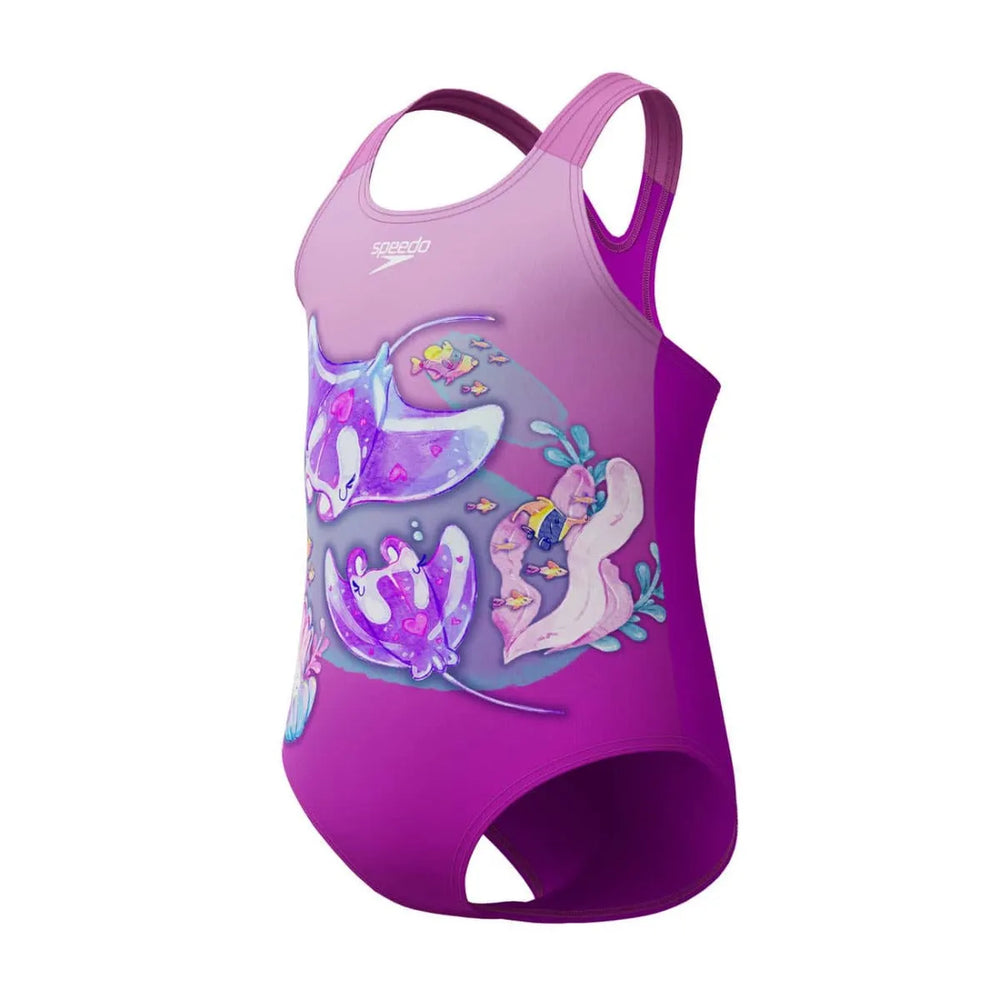 Speedo girls' digital printed swimsuit in neon violet, featuring vibrant design, perfect for young swimmers.
