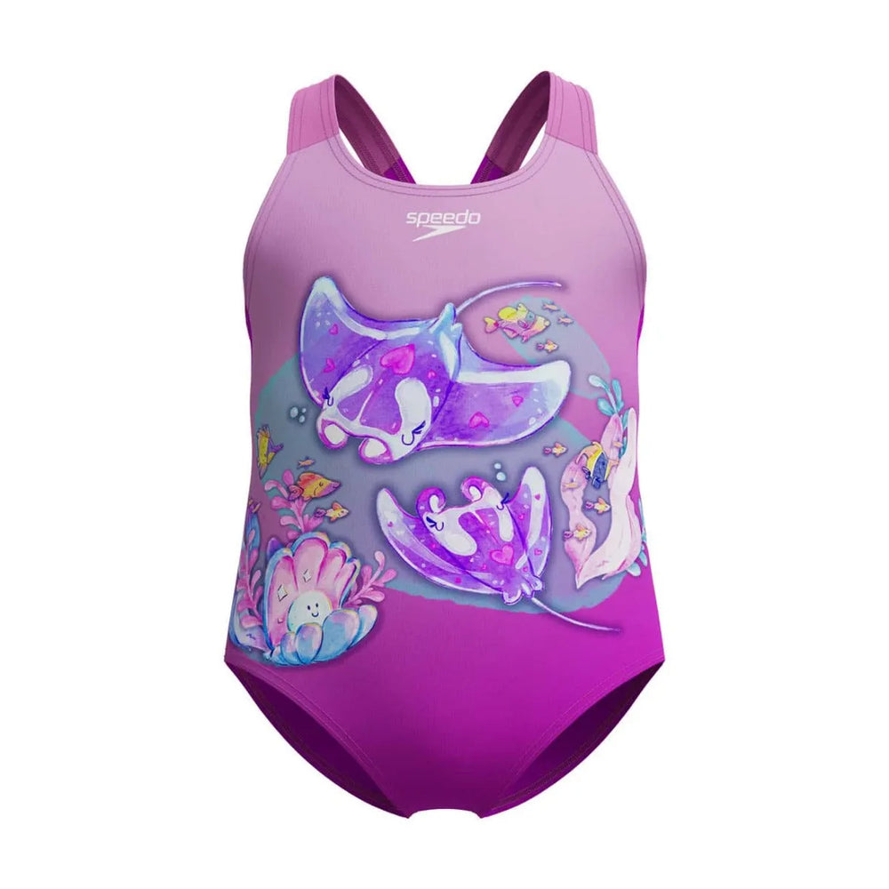 Speedo girls' digital printed swimsuit in neon violet, colorful design, suitable for young girls' swimming activities.