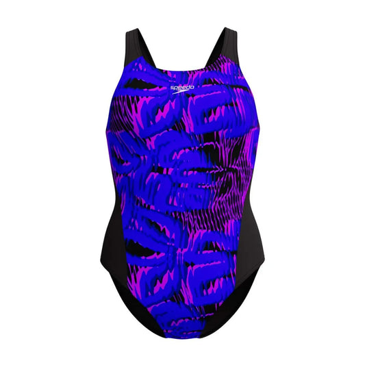 Speedo women's allover digital recordbreaker swimsuit in vibrant multi-color design, shown on a model. 1200