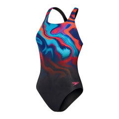 Speedo women's digital printed Medalist swimsuit, a stylish one-piece swimwear with vibrant print and sleek design.