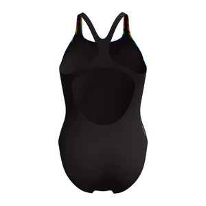 Speedo women's digital printed Medalist swimsuit in black, featuring sleek design and comfortable fit for swimming.