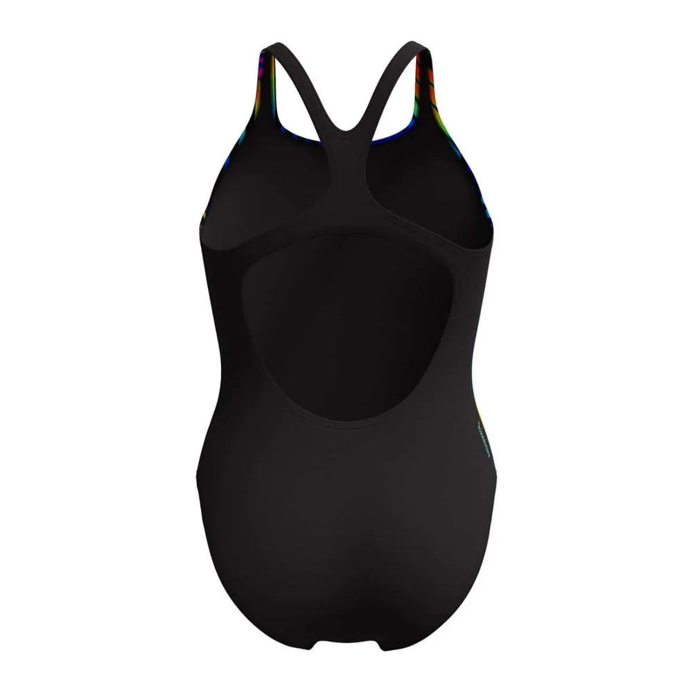 Speedo women's digital printed Medalist swimsuit in black, featuring sleek design and comfortable fit for swimming.