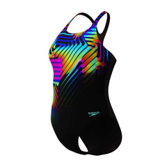 Speedo women's digital printed Medalist swimsuit in black, featuring a sleek design and comfortable fit for swimming.