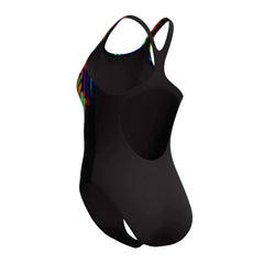Speedo women's digital printed Medalist swimsuit in black, featuring a sleek design and comfortable fit for competitive swimming.