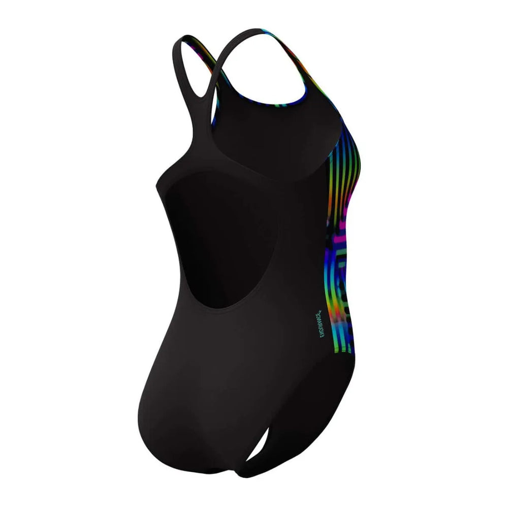 Speedo women's digital printed Medalist swimsuit in black, designed for comfort and performance, with a sleek, athletic fit.