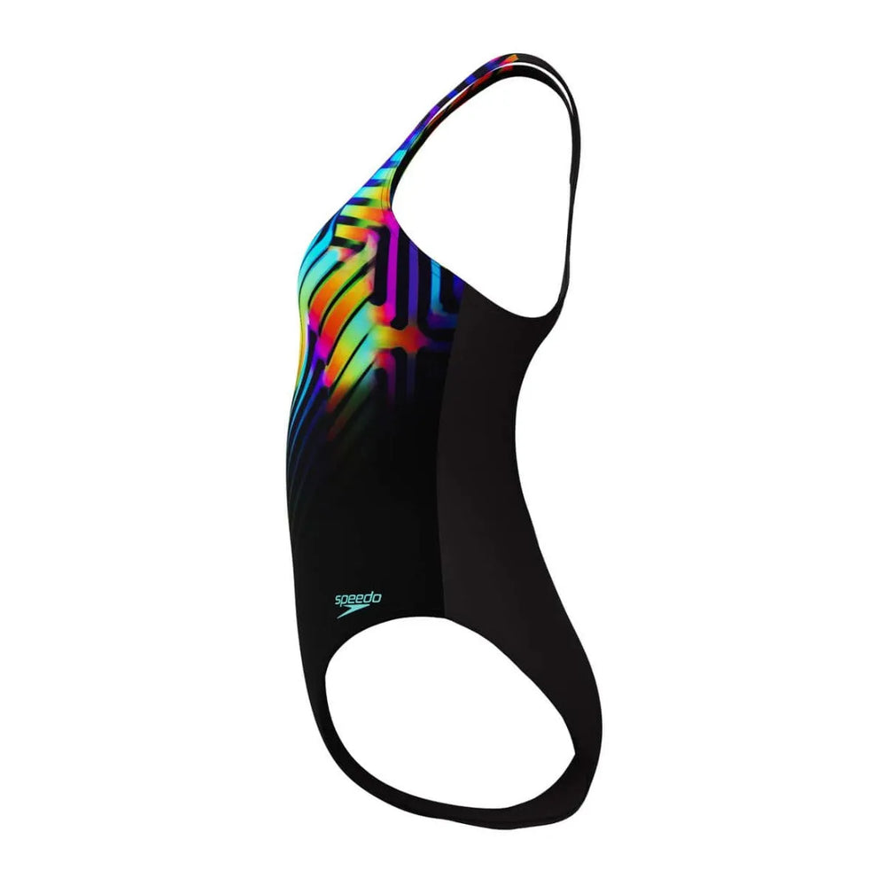 Speedo women's digital printed Medalist swimsuit in black, stylish and comfortable for competitive swimming and training.