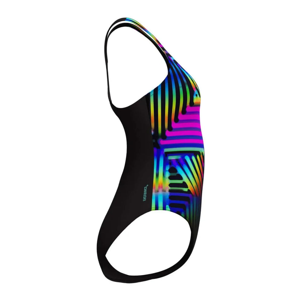 Speedo women's digital printed Medalist swimsuit in black, stylish one-piece swimsuit for swimming and training.