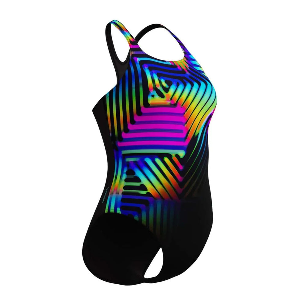 Speedo women's digital printed Medalist swimsuit in black, featuring a sleek design and comfortable fit for swimming.