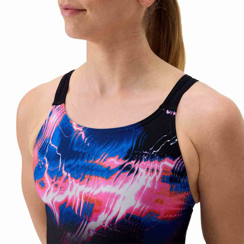 Speedo Womens FL Placement Printed Leaderback Swimsuit - Electro Static/Black | Allens Of Kingsbury